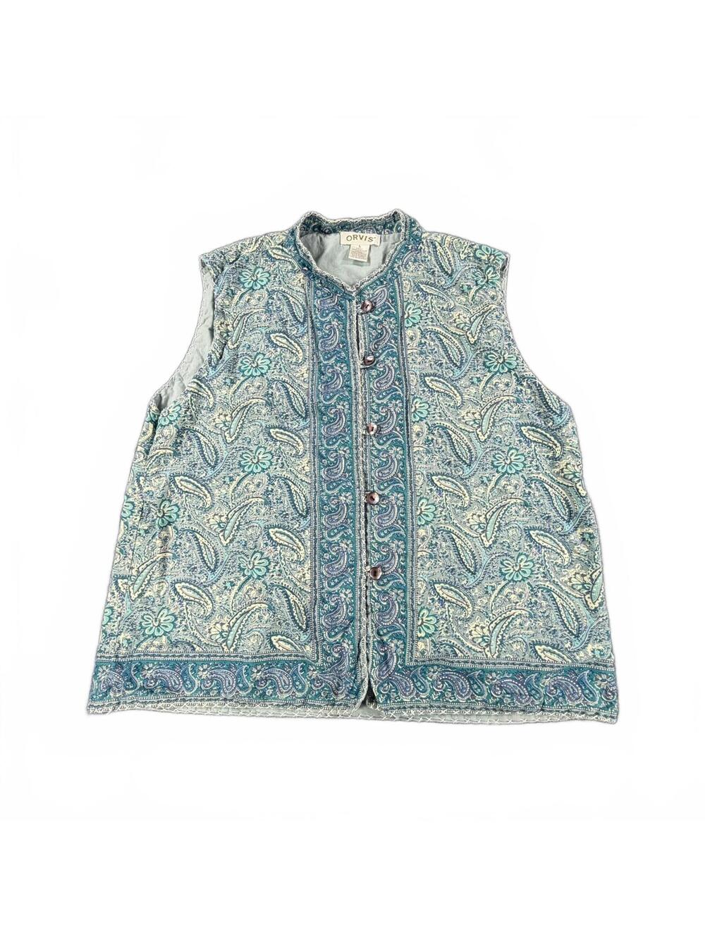 Women's Orvis 100% Cotton Paisley Quilted Vest – Size Large, Blue & Teal Pattern